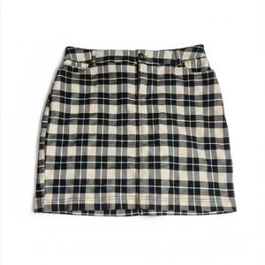 Cato Black & Beige Plaid Stretch Mini Skirt Sz 8 Preppy School Zip/Button Front